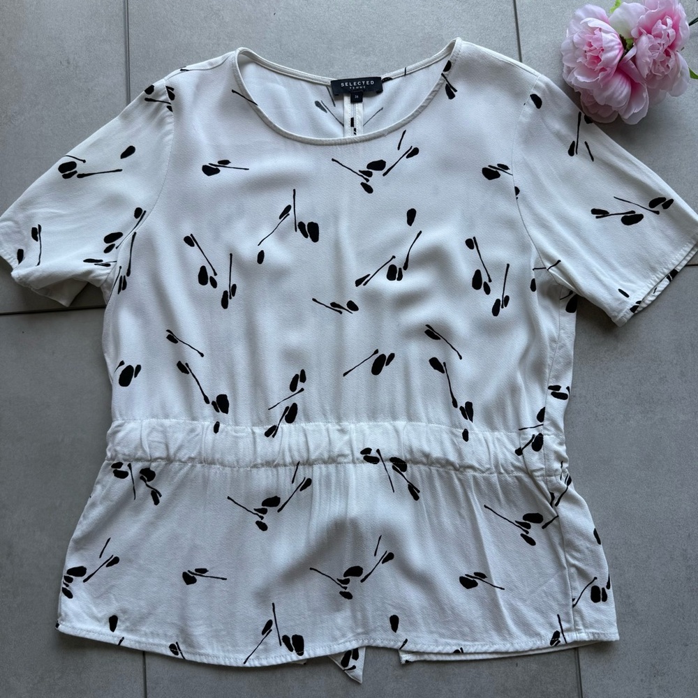 Selected Femme Blouse Sz 36 Black White Short Sleeves Drawstring relaxed